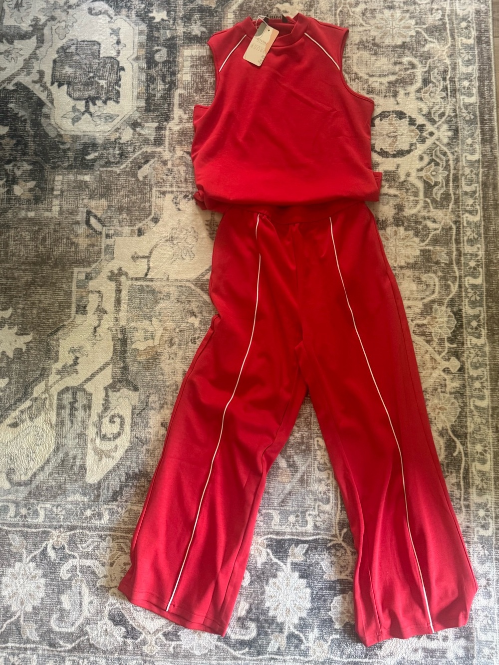 Red Sleeveless Wide-Leg Jumpsuit with Piping